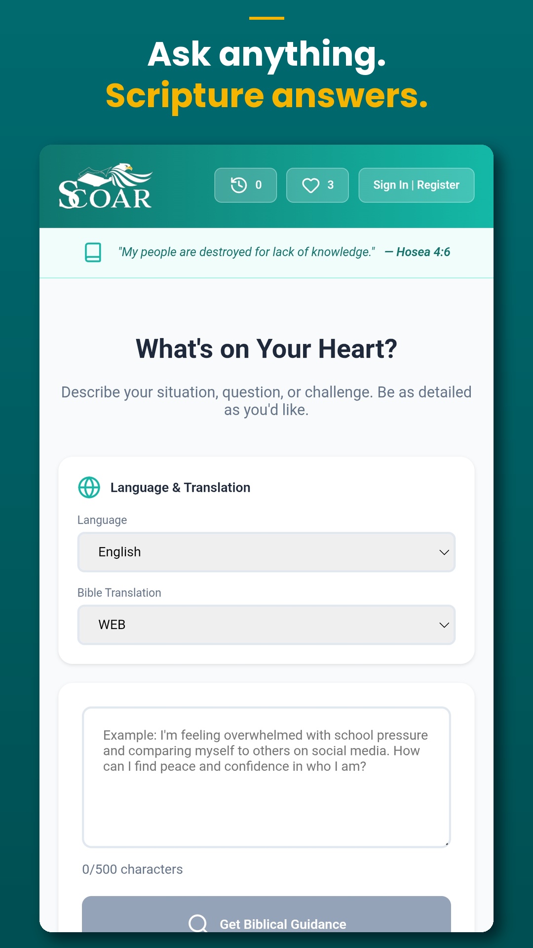 ScOAR home screen — What's on Your Heart input field