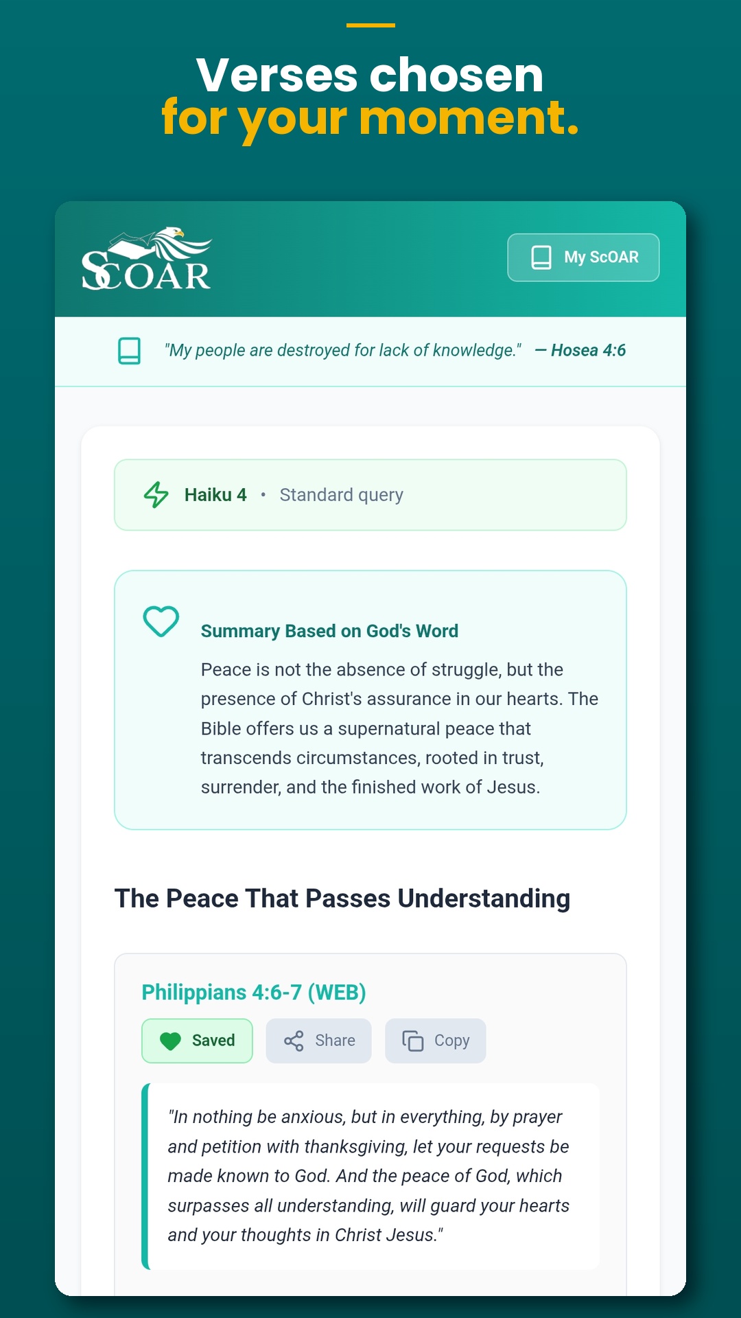 ScOAR results screen — Summary and Bible verses